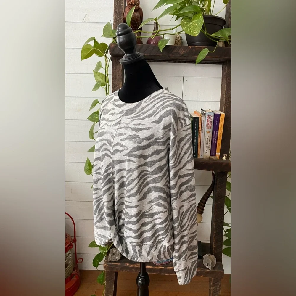 Knox Rose: Gray Zebra Print Sweatshirt with Twist Front